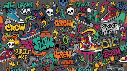 Obraz premium Flat vector urban graffiti seamless pattern, spray paint doodles, sneakers and street symbols, colorful modern illustration