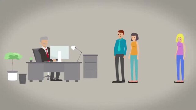Business Manager Boss in Office Rejecting a Queue of People or Candidates 2D Animation