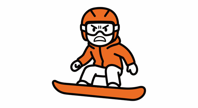 Cartoon snowboarder with angry expression mid action pose.