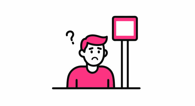 Confused young man sitting near stop sign graphic.