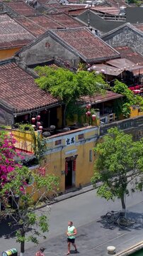 Aerial panoramic view of Hoi An city, Da Nang province, Vietnam. Panoramic footage of Hoian ancient town, UNESCO world heritage. One of the most travel popular touristic destinations 