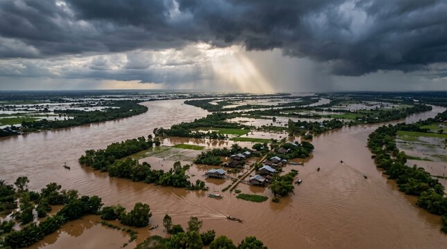 Aerial Monsoon River Delta Flooded Storm Sky Drone Shot &mdash; Southeast Asia Flood