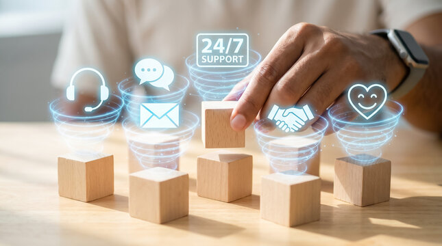 Wooden blocks with glowing multi-channel customer service holographic icons and dynamic 24/7 digital support projections.