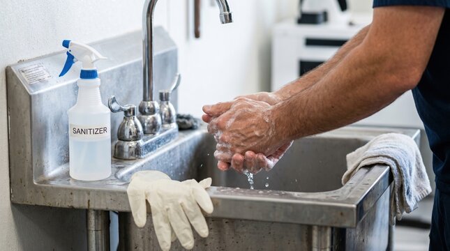 Person washing hands with soap in metal sink next to sanitizer and gloves. Emphasizing hygiene for disease prevention like hantavirus. Ideal for health and safety educational content.
