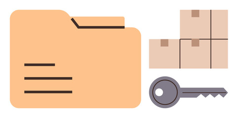 Data management, information security, storage solutions, logistics, access control, privacy protection. Yellow folder, metal key and cardboard boxes. Data management and information security © robu_s