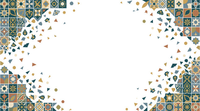 Abstract background with a mosaic pattern of geometric tiles and scattered small shapes, creating a sense of dynamic movement and texture.