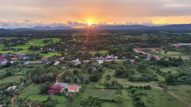 Beautiful rice fields next to limestone mountains in Kampot, Cambodia