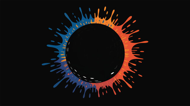 Abstract paint splash circle on black background, vibrant blue and orange liquid splatter frame, artistic ink drop ring vector illustration