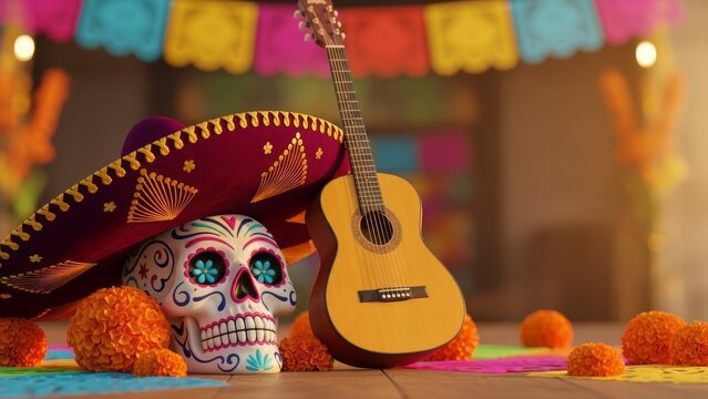 A decorated sugar skull beneath a sombrero next to a guitar in a Day of the Dead festival setting.