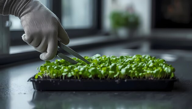 Macro shot of hand cutting pea microgreens with scissors in a modern kitchen, domestic harvest.