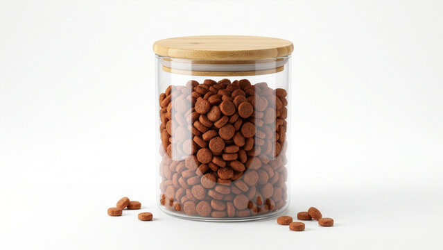 Glass Jar with Bamboo Lid Filled with Dry Dog Food Kibble Isolated on White Background 3D Render
