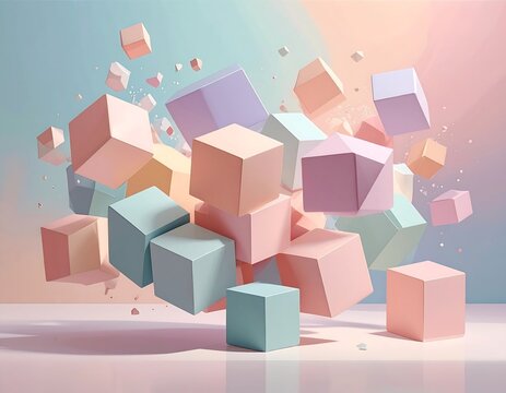 A colorful 3D rendering of various sized cubes floating above a surface