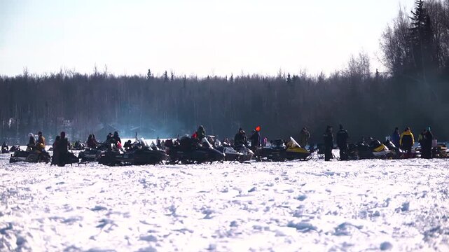 people on snowmobiles watching the iditarod sled dog race