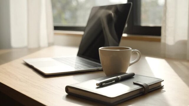 Cozy workspace setup with steaming cup of coffee and open laptop desk.