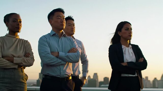 Three diverse professionals in business-casual attire silhouetted on a modern rooftop overlooking a cityscape at golden hour; concept of shared vision and collective achievement
