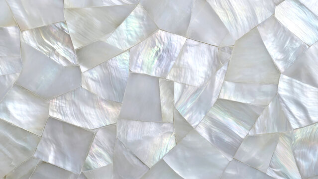 Abstract White Iridescent Mother of Pearl Shell Mosaic Texture Background, Elegant Pearlescent Nacre Tile Surface for Luxury Interior Design and Sophisticated Backdrop