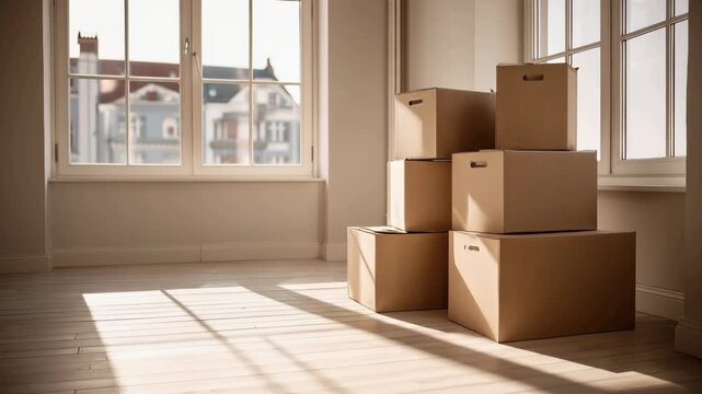 Boxes are arranged by the window in an empty room. Sunlight comes through the glass and creates shadows on the floor.