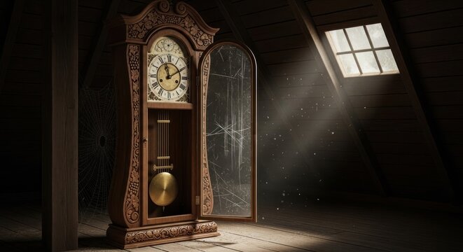 Vintage Clock in Dark Attic Space.