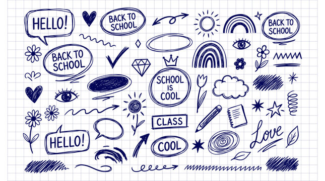 Back To School Hand Drawn Ballpoint Pen Doodle Collection With Rainbow Speech Bubble And Cute Elements