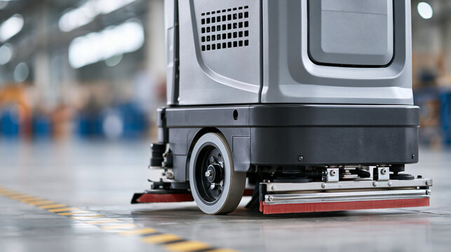 Industrial floor scrubber machine cleaning concrete floor in warehouse, maintaining hygiene and sanitation standards in a commercial building, copy space