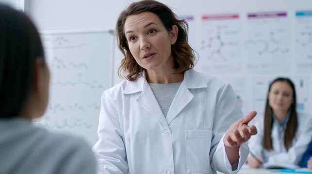 Female chemistry professor wearing a lab coat teaching students in a university classroom, explaining educational concepts and scientific formulas on a whiteboard behind her