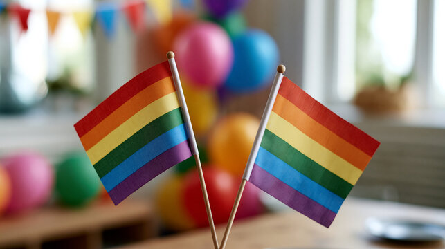 Pair of rainbow flags celebrating lgbtq plus pride month, advocating for diversity and inclusion with a festive background of colorful balloons and party decorations
