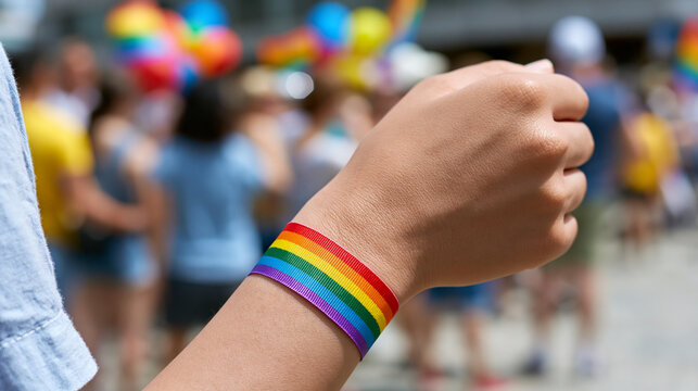 Person wearing a rainbow wristband, representing lgbtq plus pride and diversity, with blurred people and colorful balloons in the background during a vibrant outdoor event