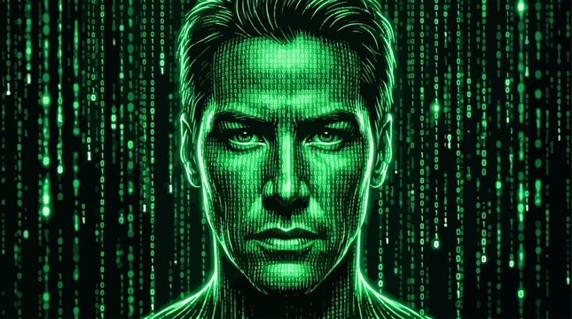 Man face formed by binary code matrix green screen