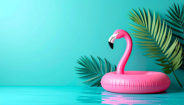 Flamingo pool float on turquoise water with tropical palm leaves and copy space