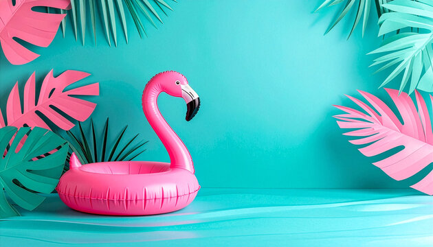 Flamingo pool float on turquoise water with tropical palm leaves and copy space