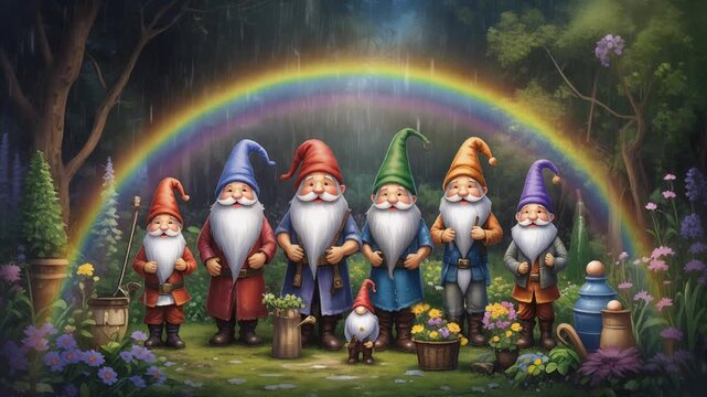 Group of magical gnomes and dwarfs standing together under a vibrant rainbow in a lush spring garden