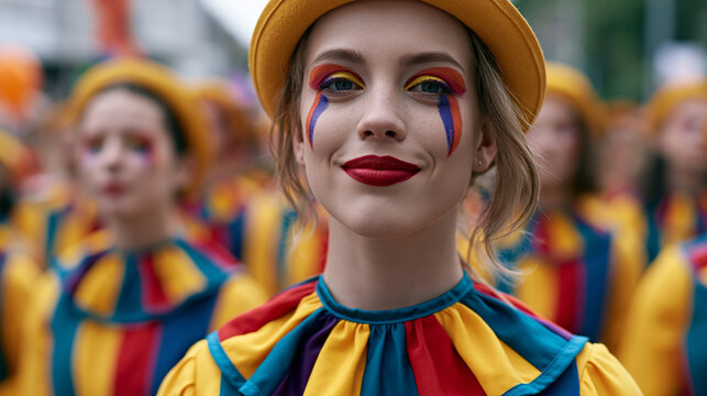 Young woman performer smiling and wearing colorful jester makeup and costume, participating in a vibrant parade or carnival festival celebration