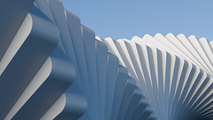 Abstract 3D blue and white architectural pattern background. Geometric spiral parametric structure under blue sky, perfect for modern corporate presentations and real estate banners