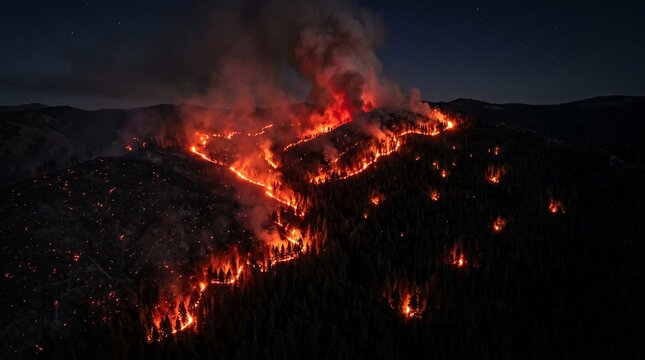 Aerial Wildfire Night Drone Shot &mdash; Glowing Fire Lines Dark Forest Deep Night