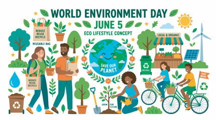 Fototapeta premium World Environment Day: An illustration promoting eco-friendly living with people engaged in sustainable activities like recycling, gardening, and cycling.