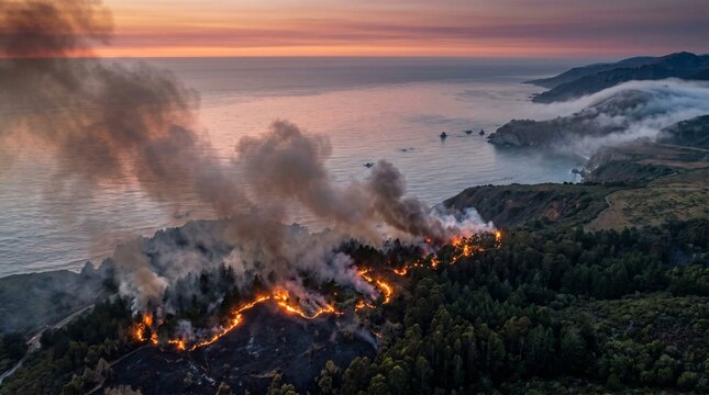 Aerial Coastal Forest Wildfire Ocean Horizon Drone Shot &mdash; Dusk Fire Pacific