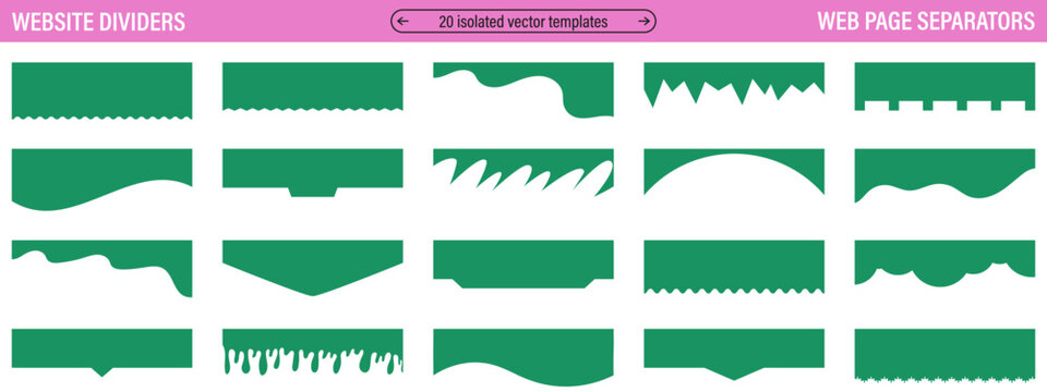 Website divider set with green abstract header shapes. Collection of wave, zigzag and organic separators for web pages. Vector template.