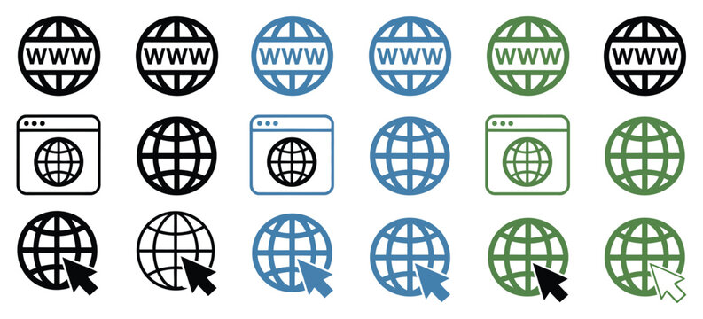 Website browser window and WWW globe icon set featuring internet, webpage, and global network symbols.