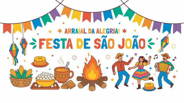A vibrant illustration of Festa de S&atilde;o Jo&atilde;o, a traditional Brazilian June festival, featuring dancing people, bonfire, festive decorations, and typical food.