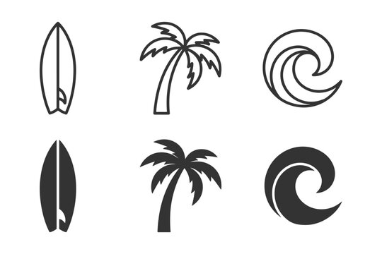 Surfboards palm trees and ocean waves icons set in black and white design.