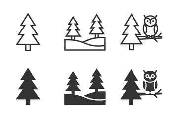 Obraz premium Collection of minimalist pine tree and owl illustrations in black and white.