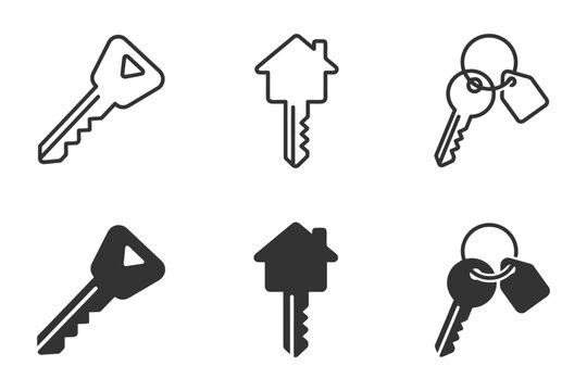 Set of six black and white key icon designs for real estate and security concepts.