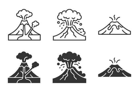 Volcano icons set: erupting volcano illustrations in black and white.