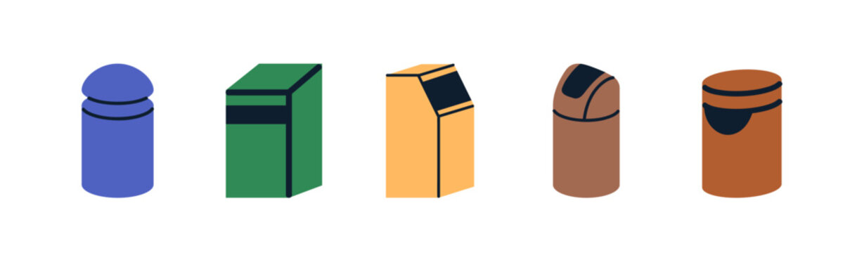 Trash cans, waste and garbage bins for different rubbish. Urban outdoor litter containers, dustbins for paper, plastic and glass disposal. Flat vector illustration isolated on white background