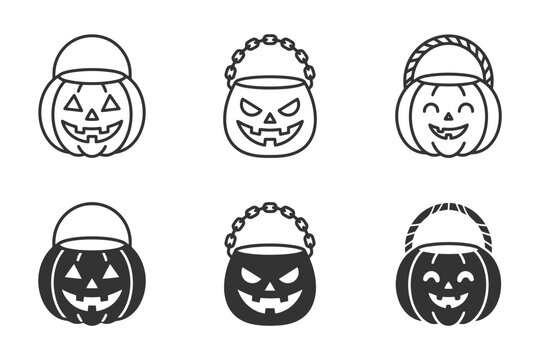 Halloween pumpkin bucket icon set in black and white.