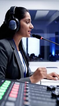 Studio control room live interpreter south asian woman wearing large headphones and speaking into gooseneck mic, operating mixer and console, taking notes and delivering simultaneous translation