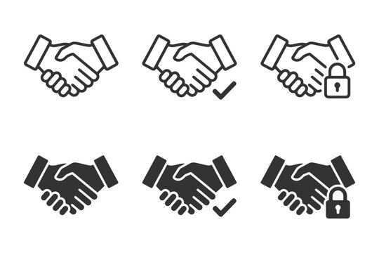 Handshake icon variations with check mark and lock symbols in black and white.
