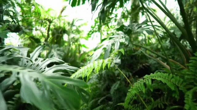Dense, vibrant, lush tropical foliage, intricate textures, soft natural daylight, natural bokeh, negative space. Organic purity, sustainable growth