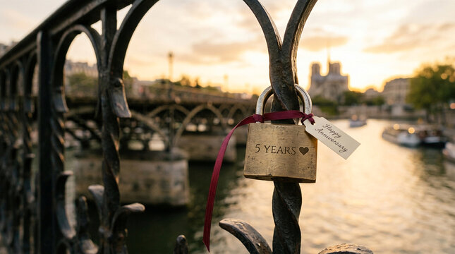 Romantic brass love lock with 5 years engraving, anniversary padlock on bridge fence at sunset, sentimental travel concept in European city
