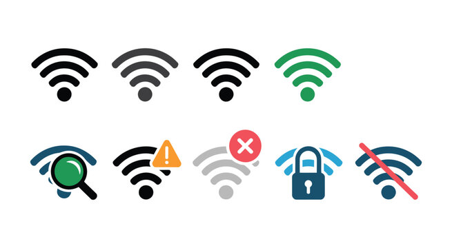 Wi-Fi status icon set featuring full signal, weak connection, error, security, and no connection indicators.